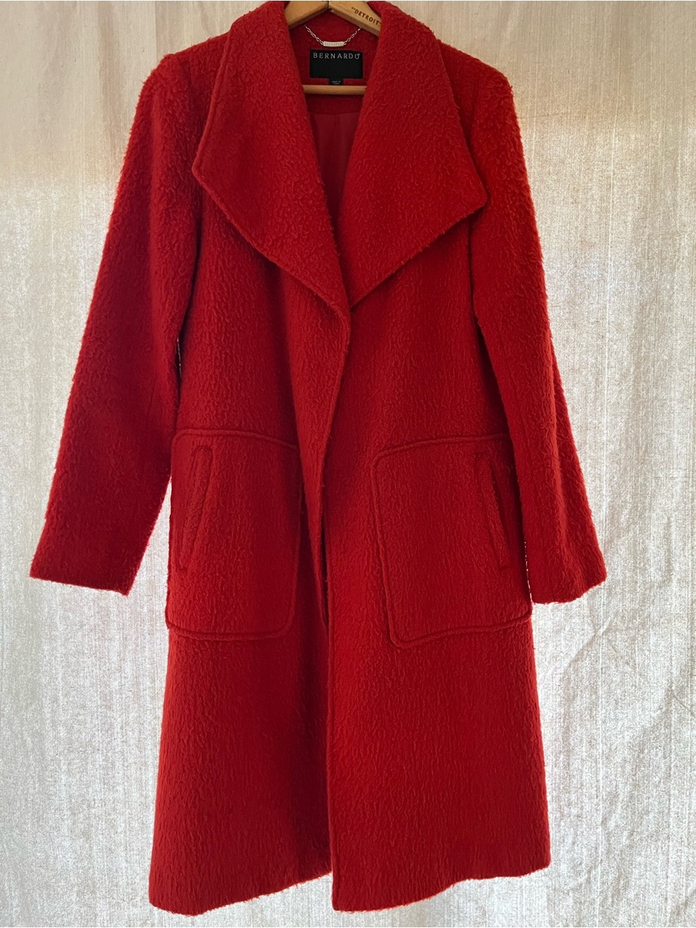 Bernardo Red Knee-Length Open-Front Wool-Blend Coat